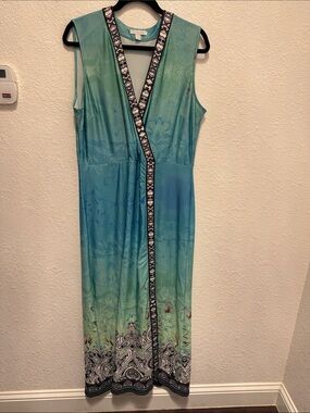 New York & Company Aqua to Seafoam Gradient Maxi Dress with Border Trim